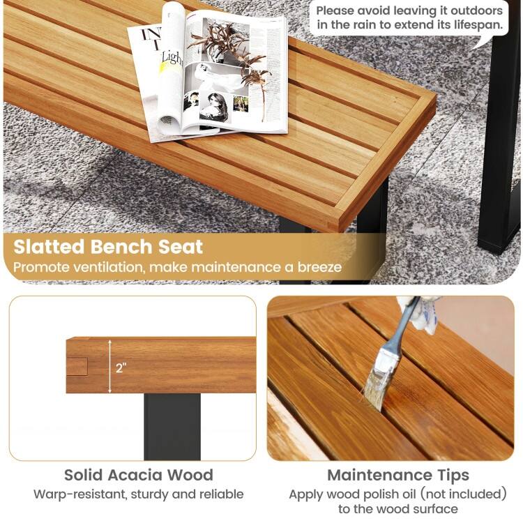 Acacia Wood Outdoor Bench 48 Inch Long Patio Dining Bench-Set of 2