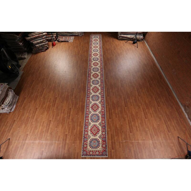 Kazak Oriental Runner Rug Hand-Knotted Traditional Beige Wool Carpet - 2'8" x 25'4"