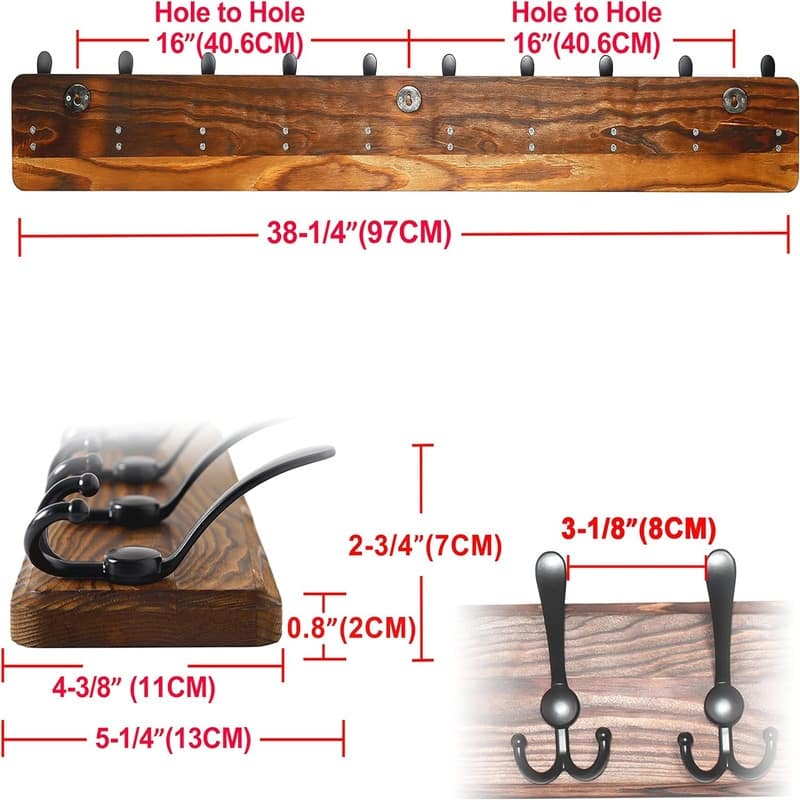Wall Mounted 10 Tri Hooks - 39 x 5.25 x 3