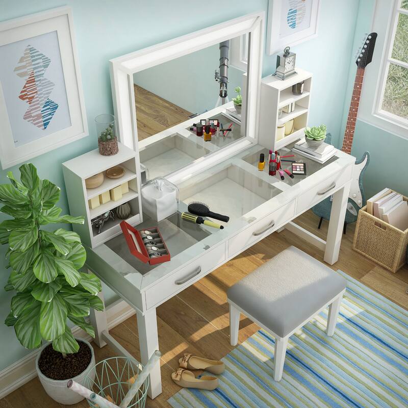 Furniture of America Wres Contemporary Solid Wood LED Light 3-Piece Makeup Vanity Set