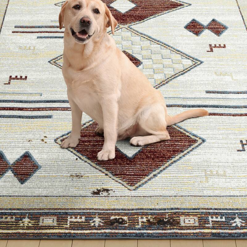 Everwash Treasure Southwestern Geometric Machine Washable Area Rug, Beige/Blue