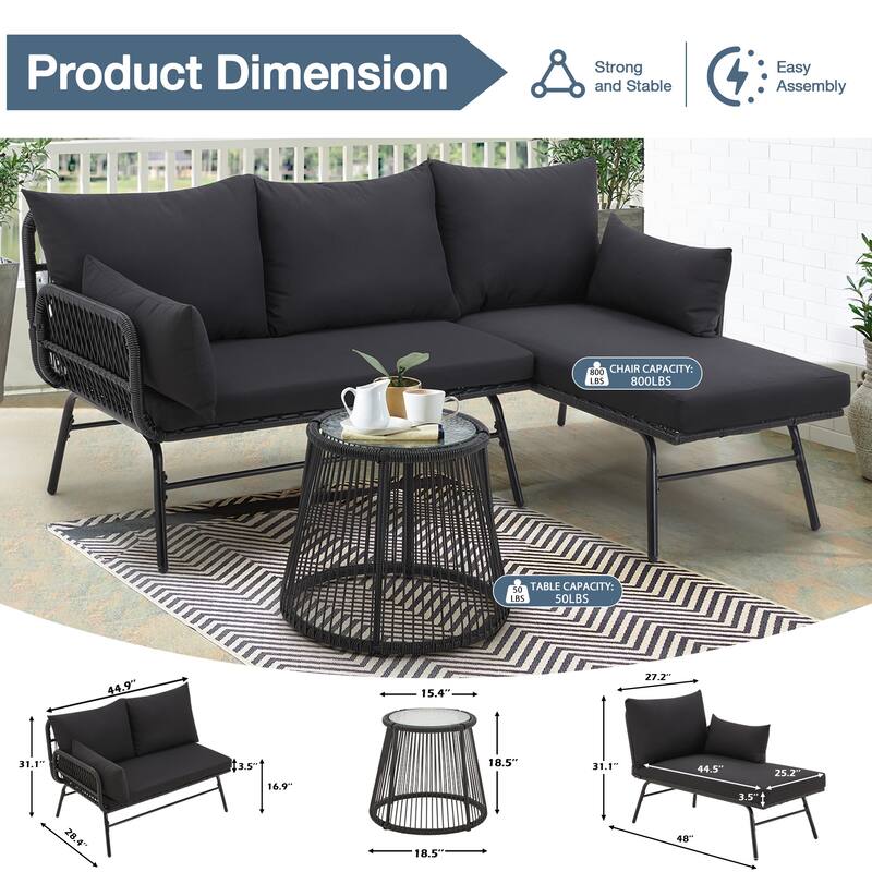 Sectional Wicker Conversation Sofa Set, 3 Piece Patio Furniture Set with Thick Cushions and Toughened Glass Coffee Table