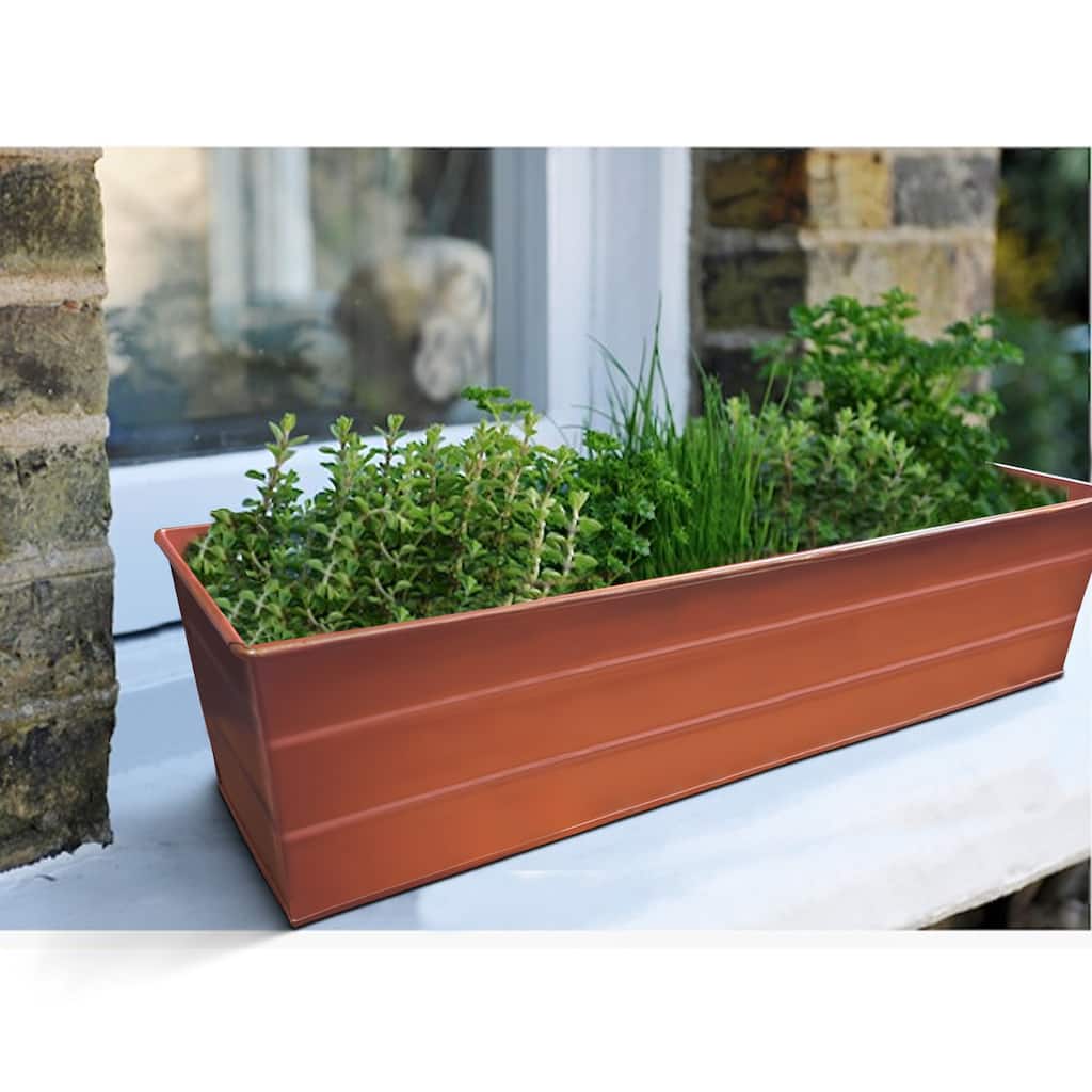 Rectangular Metal Flower Planter Box with Embossed Line Design, Small, Copper