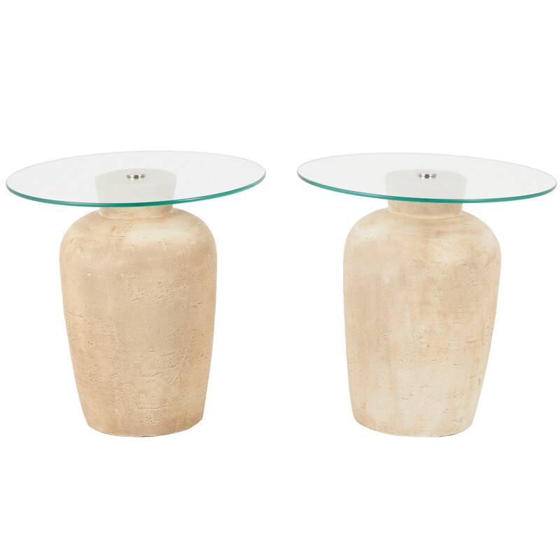 Beige Magnesium Oxide Side End Accent Table with Glass Tabletop (Set of 2)