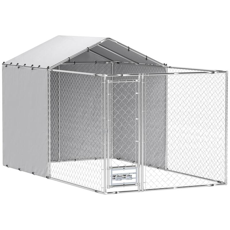 PawHut Large Outdoor Dog Kennel, Heavy Duty Dog Kennel Outside with Waterproof & UV-Resistant Cover, Rotating Bowls Door - white