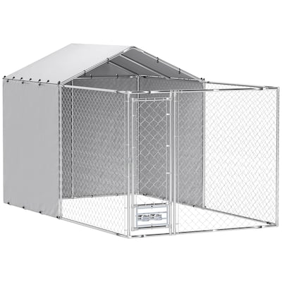 PawHut Large Outdoor Dog Kennel, Heavy Duty Dog Kennel Outside with Waterproof & UV-Resistant Cover, Rotating Bowls Door
