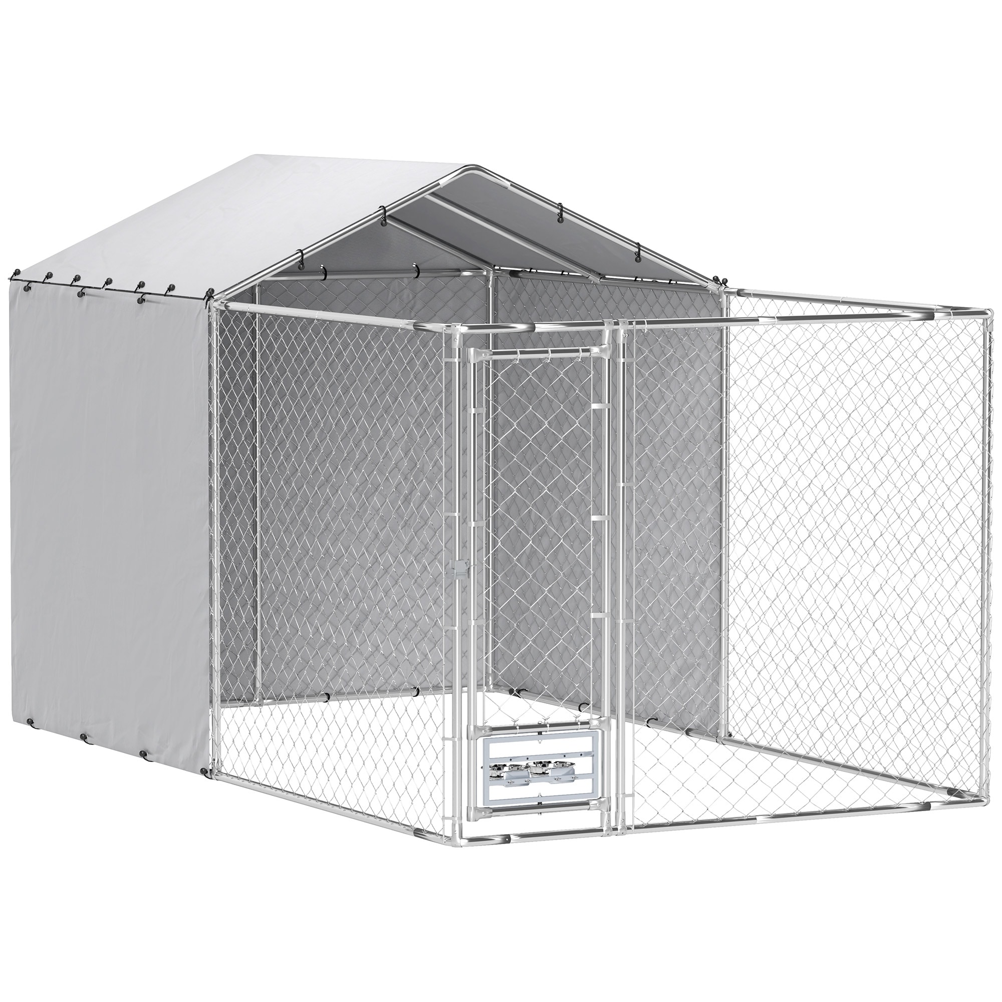 PawHut Large Outdoor Dog Kennel, Heavy Duty Dog Kennel Outside with Waterproof & UV-Resistant Cover, Rotating Bowls Door