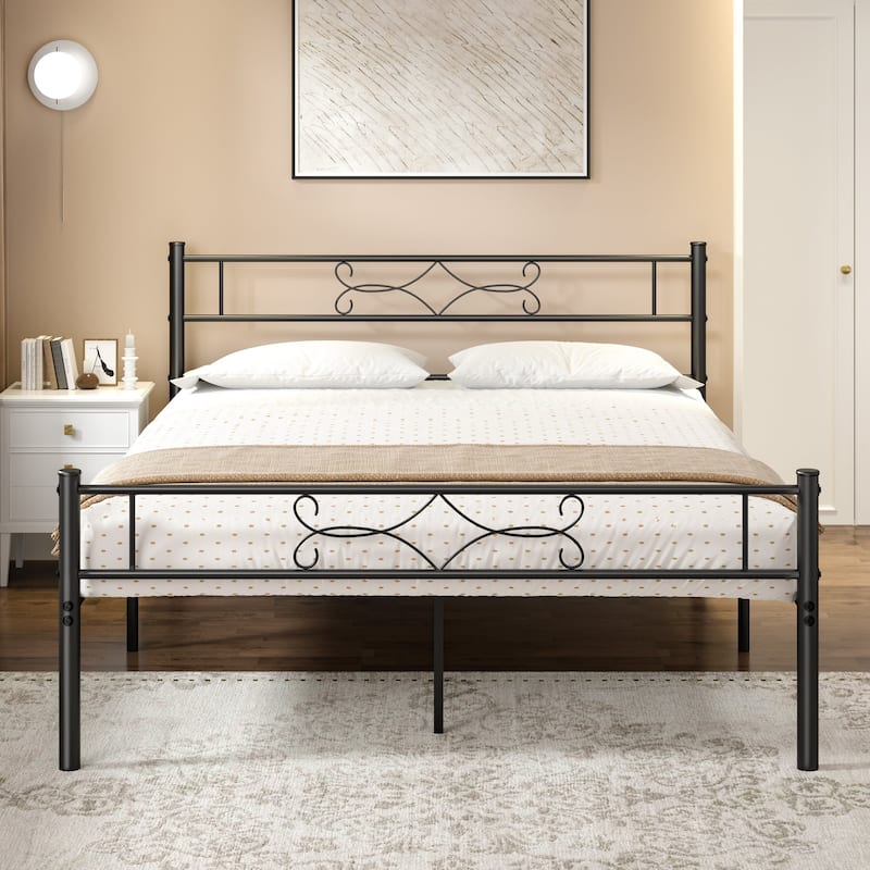 VECELO Metal Bed Frame with Headboard and Footboard No Box Spring Needed 12in Underbed Storage with Decorative Headboard - Black - Queen