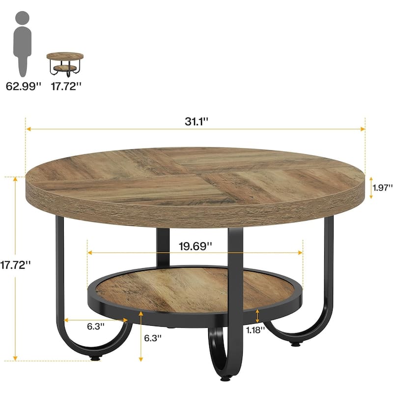 Round Coffee Table for Living Room, 2-Tier Center Table