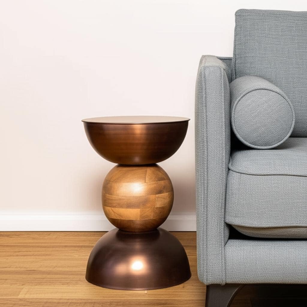 HomeRoots 20" Bronze and Brown Iron and Solid Wood Round Pedestal End Table - 14.00 in. x 20.30 in. x 14.00 in.