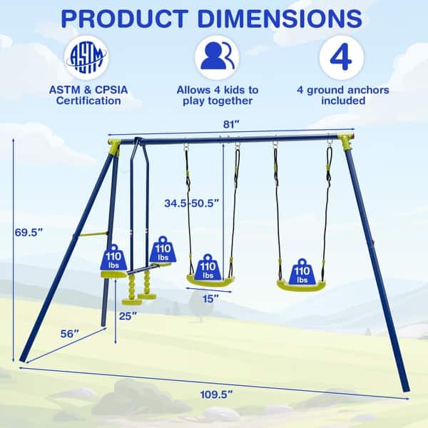 440 Pounds Kids Swing Set with Two Swings and One Glider - 109.5" x 56" x 69.5" (L x W x H)