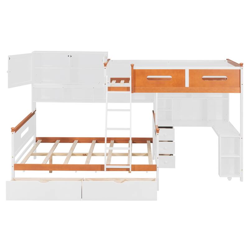Roomfitters Twin Over Full Bunk Bed with Integrated Desk, Cabinet, & LED Lighting, Modern Storage Sleeper System, White & Orange