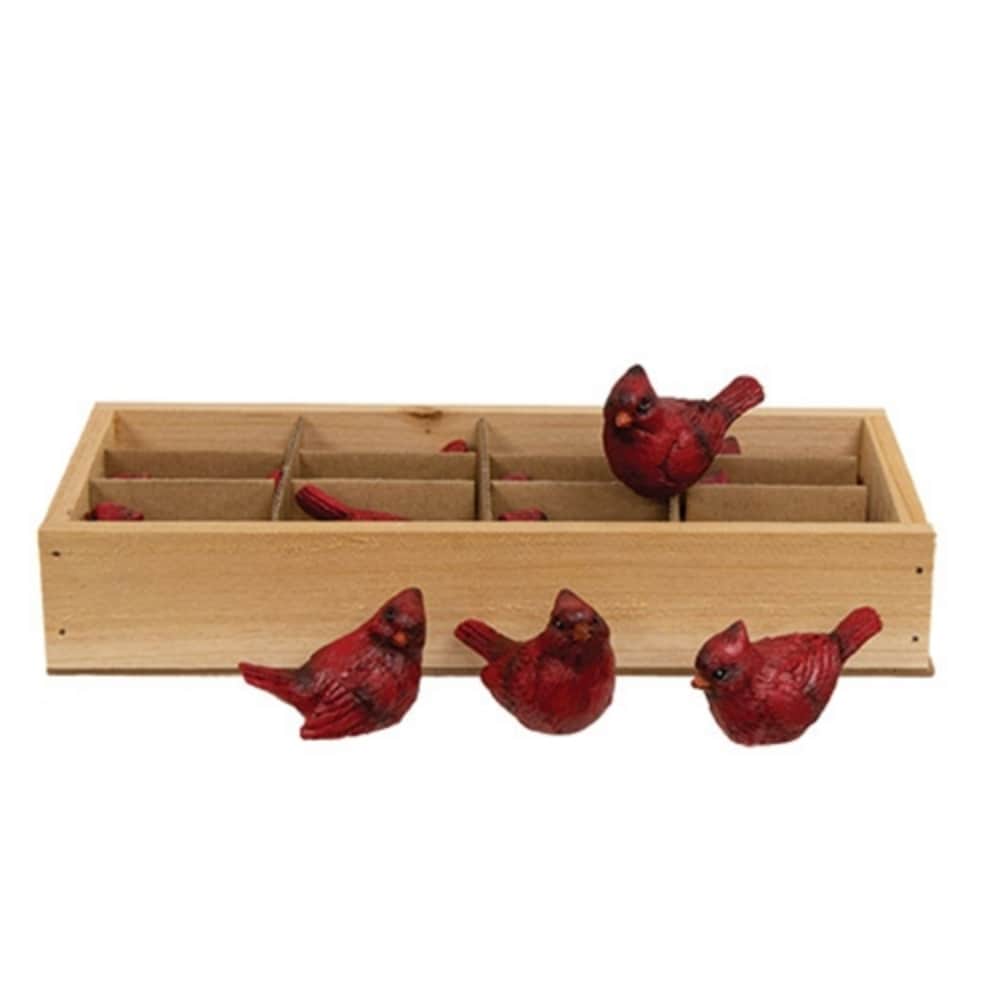 Set of 12 Resin Cardinals in Crate - Miniature Winter Decor - 1” W x 1.5” W x 2.25” Depth