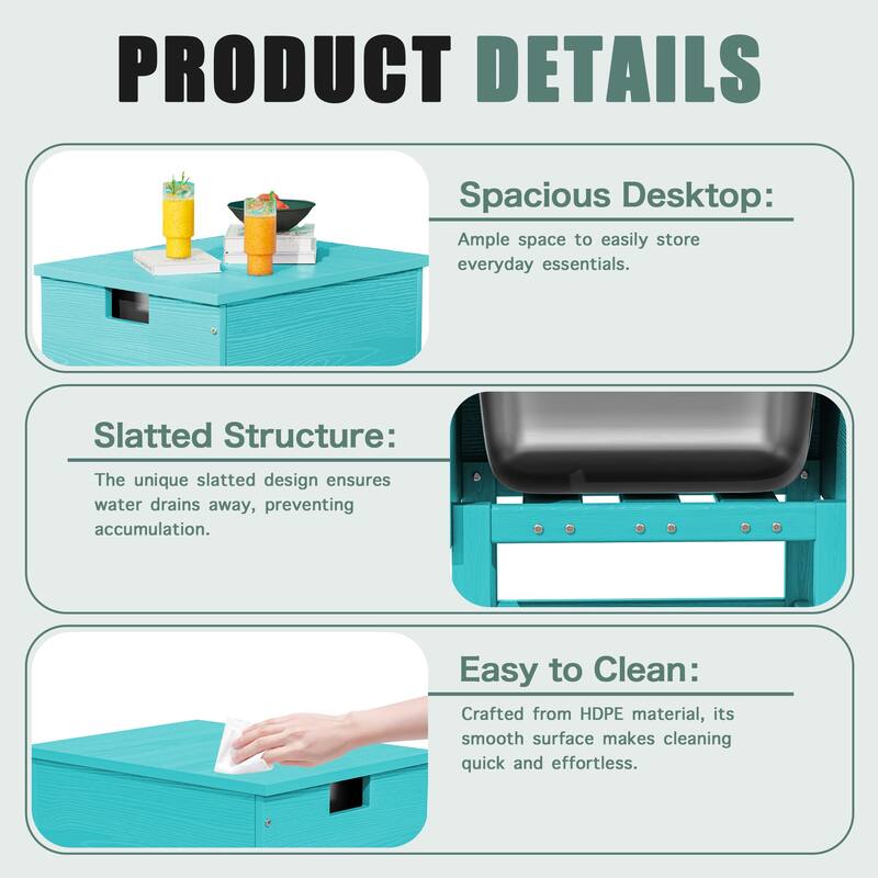 Outdoor Patio Weather Resistant HDPE Coffee & Side Table, Build-in Stainless Steel Cooler Bucket