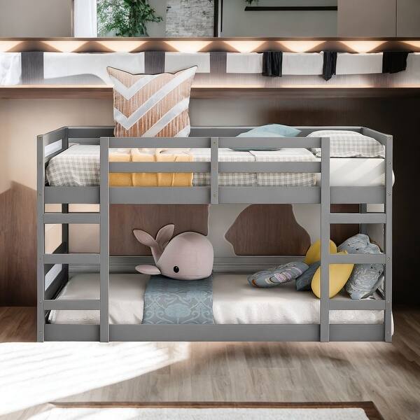 slide 2 of 24, Twin over Twin Bunk Bed with Ladder, Solid Construction, Suits All Styles of Home Decoration, Space-saving Grey