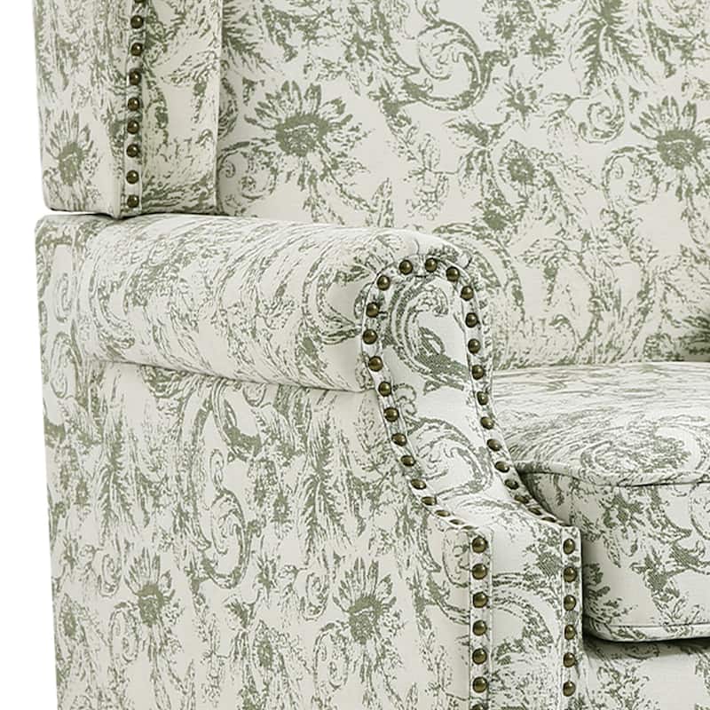 2 Set Transitional Patterned Wingback Accent Chairs with NailHead