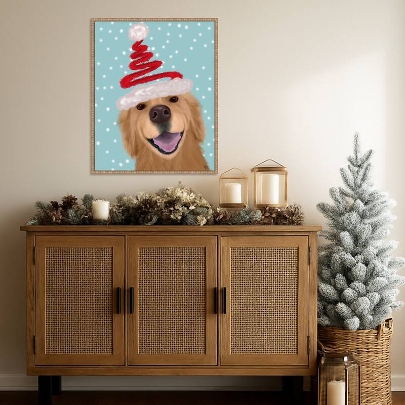Christmas Golden Retriever and Spring Santa Hat by Fab Funky (23 x 28 in.), Framed Canvas Wall Art Print