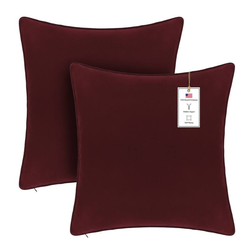 A1HC Set of 2 Luxurious Fine Soft Velvet Throw Pillow Covers Only, For Sofas, Beds, Vibrant Colors and Hidden Zipper - 20x20 Inches (Pack of 2) - Wine Red