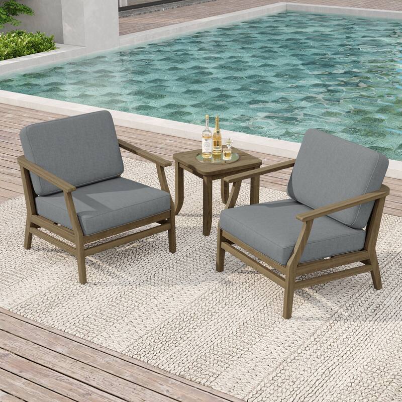 2 Set Patio Teak Wood Outdoor Chair and Side Table Set with Cushions - Grey-Natural Wood