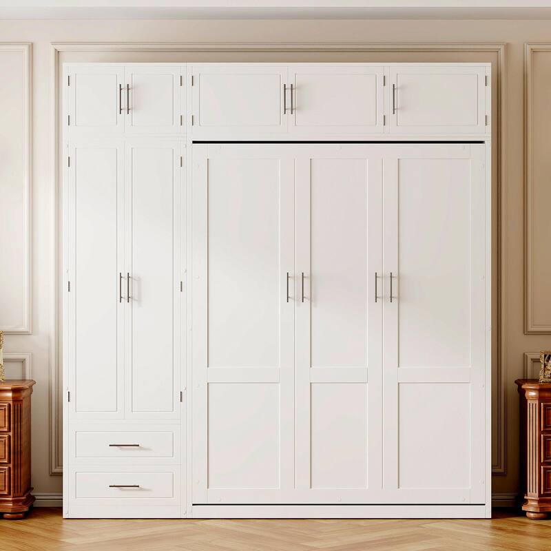 All-in-one Bookcase Murphy Bed Wood Foldable Hidden Bed Wall Platform Bedframe Chest Queen Bed wTop Cabinet & Storage Headboard