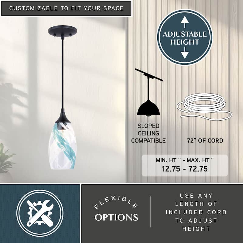 Milano Bronze Mini Pendant Ceiling Light Blue Glass - 4.75-in W x 9.75-in H x 4.75-in D