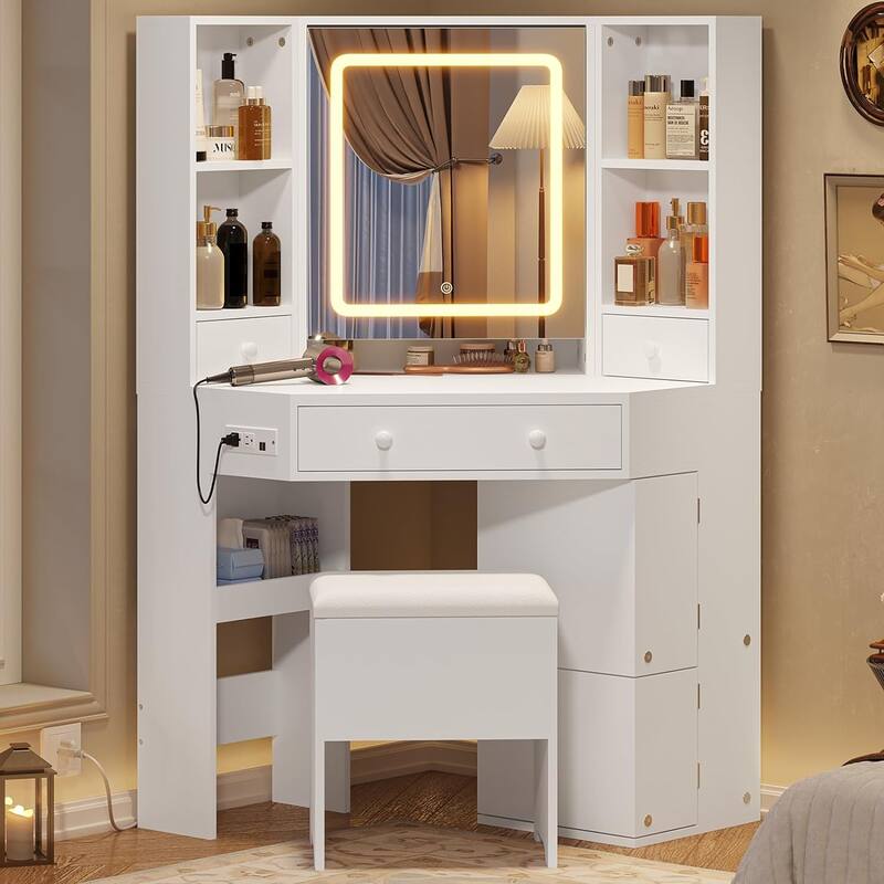 Corner Vanity Desk with Lighted Mirror Drawers Shelves Storage Stool