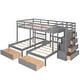 preview thumbnail 32 of 38, Full Over Twin & Twin Bunk Bed wGuardrails Wood Triple Bunk Bed, Low Platform Bed wBedend Drawer Space-saving Symmetrical Bed