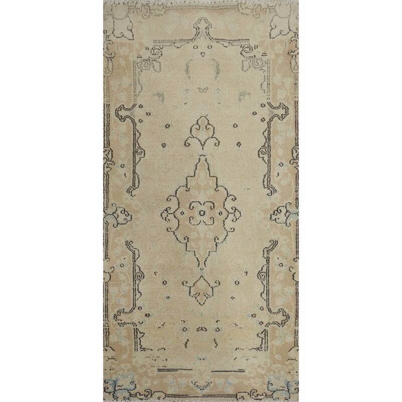 Hand Knotted Oriental 100% Wool Carpet Traditional Medallion Beige & Ivories Kerman Area Rug - 3' 9'' X 1' 9''