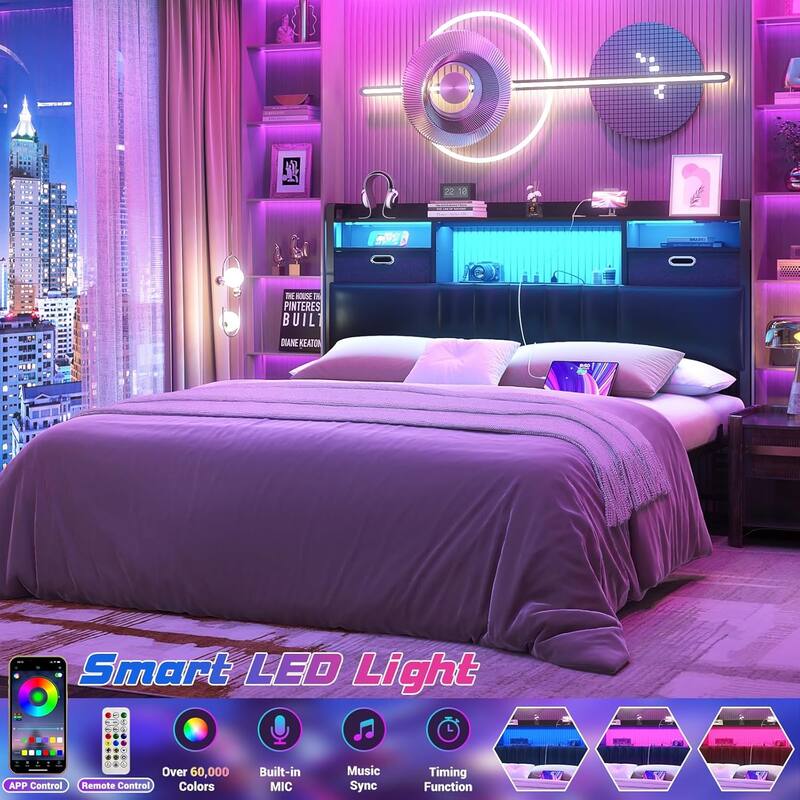 Upholstered Headboard with Drawer Storage and RGB LED Light, Sturdy Headboard with Charging Station ＆ Bookcase