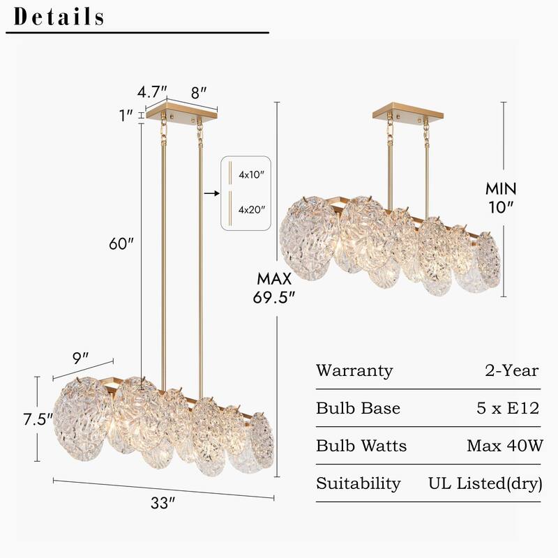 Modern Glam 5-Light Gold Chandelier Rectangle Island Light for Kitchen Dining Room - 33" L x 9" W x 7.5" H