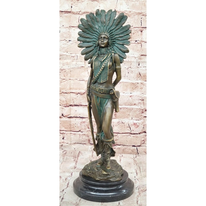 Native American Indian Female Warrior W/ Feathered War Bonnet Bronze Figure Sculpture Statue