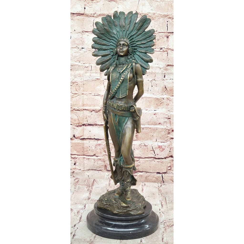 Native American Indian Female Warrior W/ Feathered War Bonnet Bronze Figure Sculpture Statue