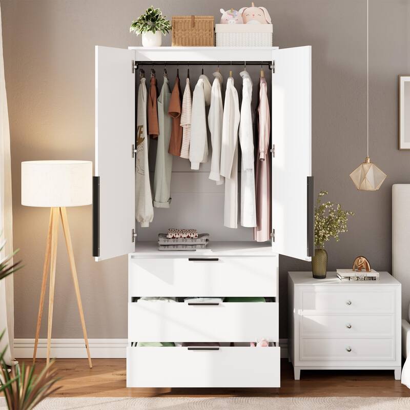 69.5" Armoire Wardrobe Closet with Rattan Doors, 3 Drawers & Hanging Rod, Wooden Storage Cabinet for Bedroom