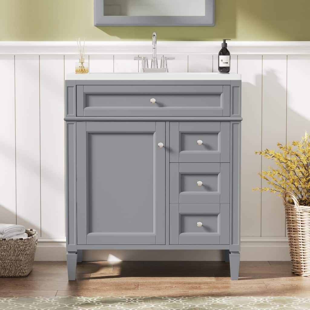 30'' Freestanding Bathroom Vanity in Gray with White Integrated Ceramic Sink - 30'' x 18'' x 33.8''