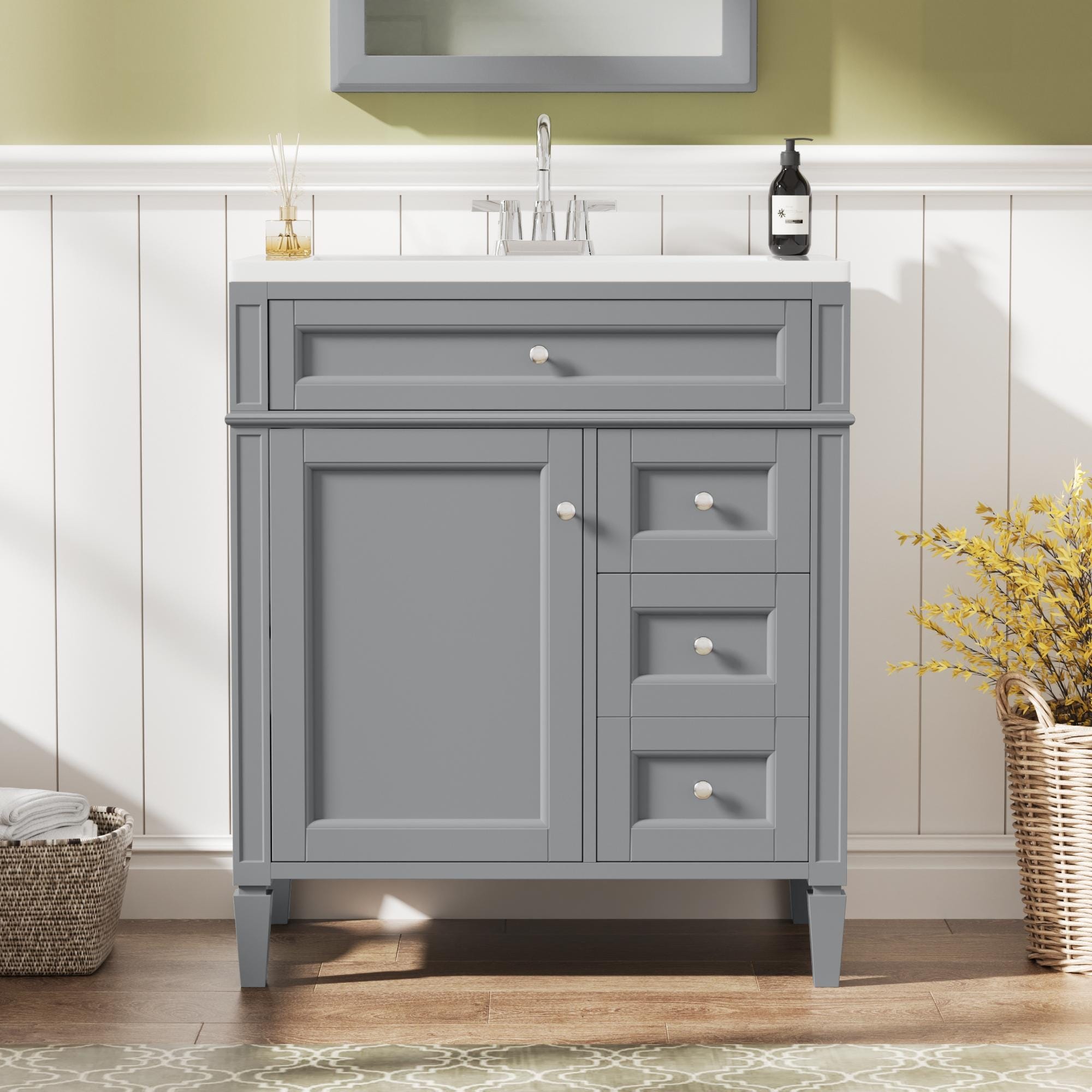 30'' Freestanding Bathroom Vanity in Gray with White Integrated Ceramic Sink - 30'' x 18'' x 33.8''