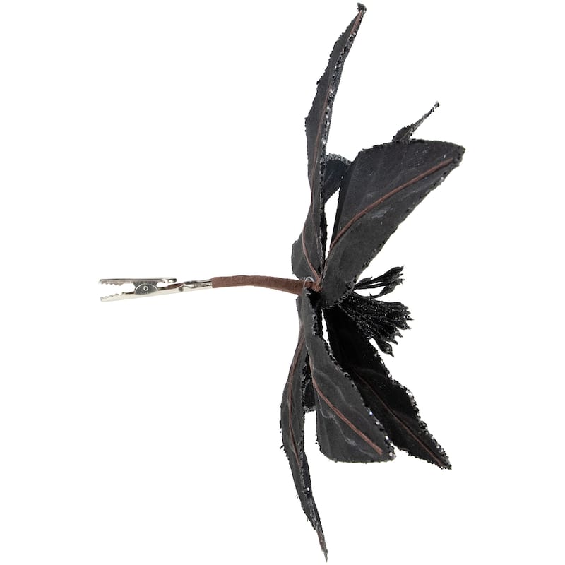 Glittered Poinsettia Christmas Floral Pick Clip-On Ornament - 10" - Black