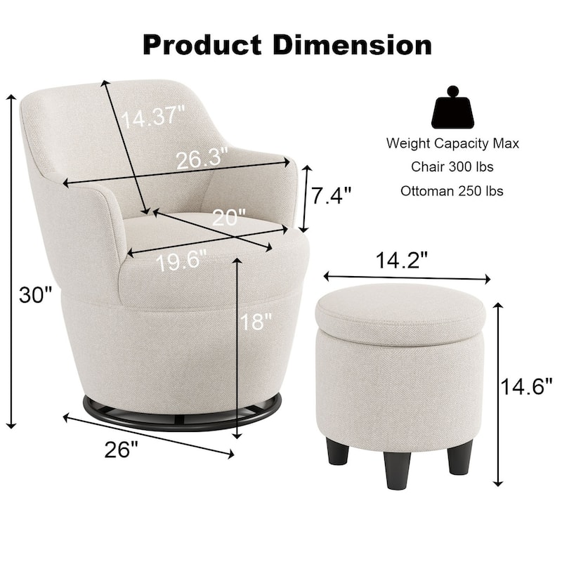 Swivel Accent Chair with Storage Ottoman, Modern Lounge Sofa Chair Barrel Chair Arm Chair with Nail Trim