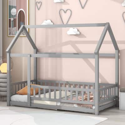 Grey Twin Size Wooden Floor Bed with House Roof Frame, Fence Guardrails for Kids, Bedroom