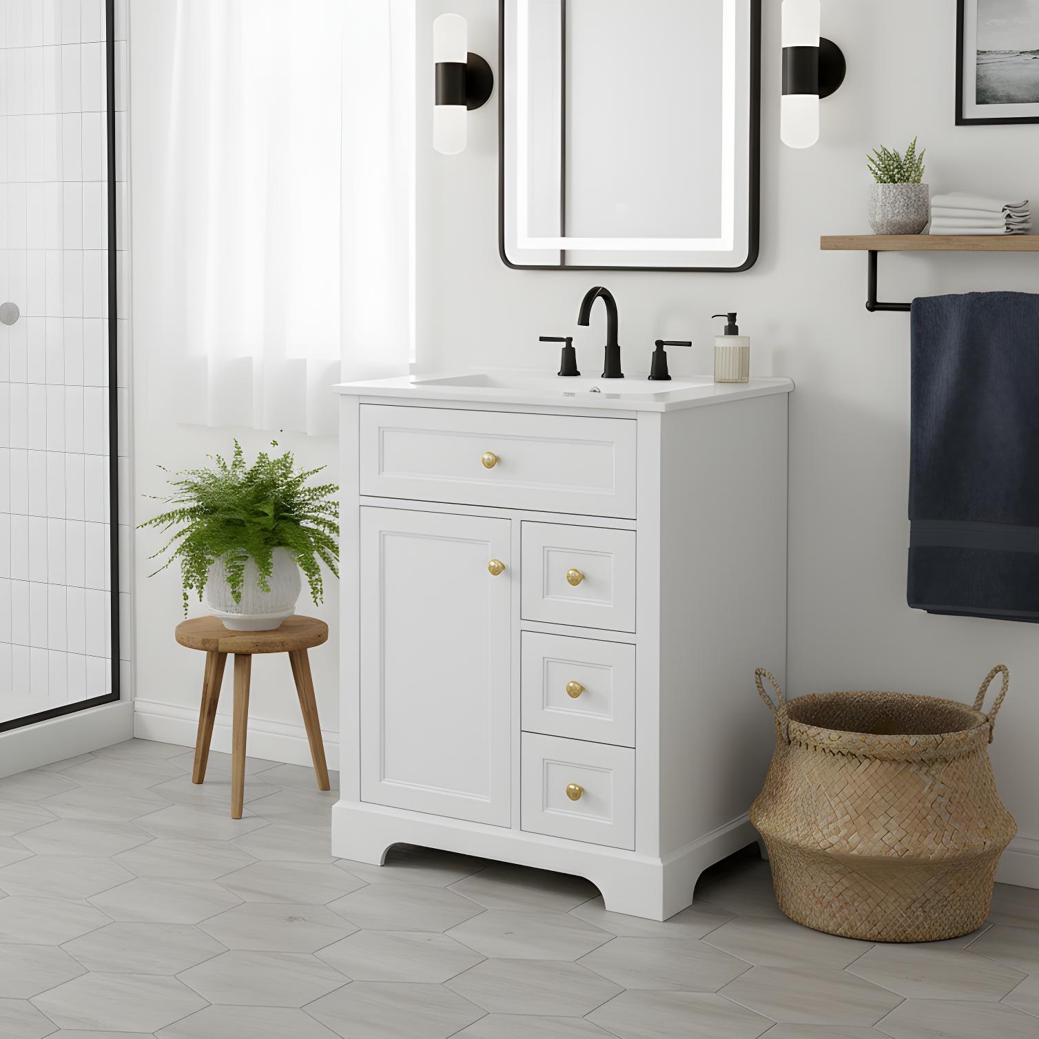 Bathroom Vanity with Sink - 24" Size, MDF/Pine Construction, 3-Drawer Storage & Double-Tier Cabinet, Soft-Close Doors/Drawers
