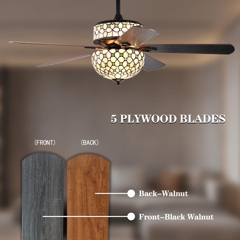 Guarvey 52-Inch Flushmount Two-Tiered Lighted Ceiling Fan Ivory Tiffany Glass Lamp Black Finish