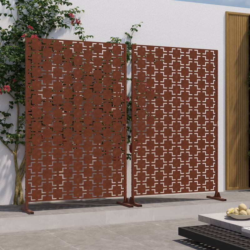 Outdoor Free Standing Metal Privacy Screen - 2 Pack - REDDISH BROWN-Quadra
