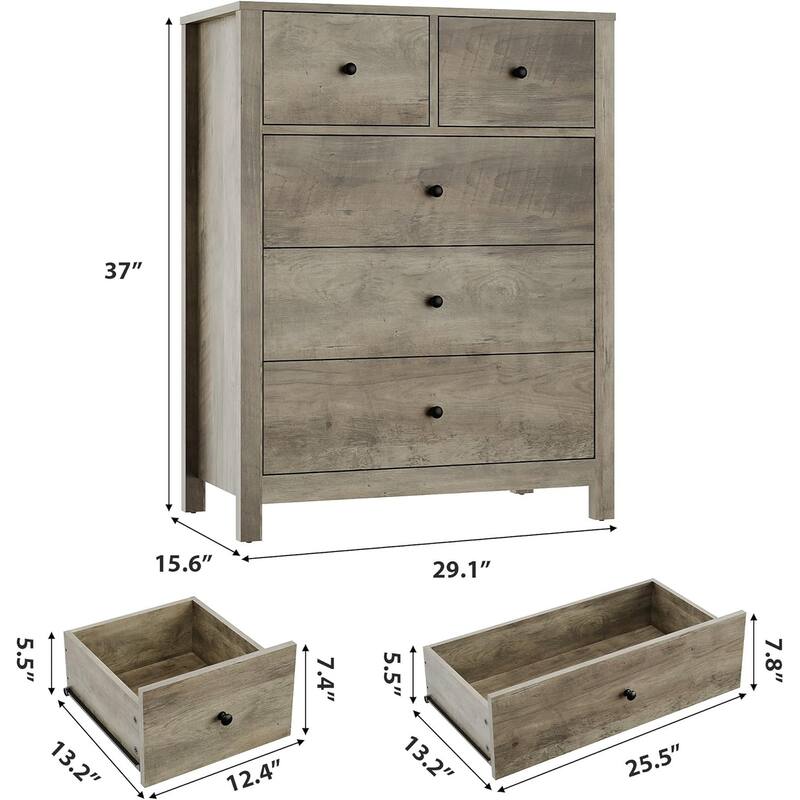 5 Drawer Dresser for Bedroom, Tall Black Chest with Deep Drawers and Metal Knobs, Wooden Organizer for Hallway