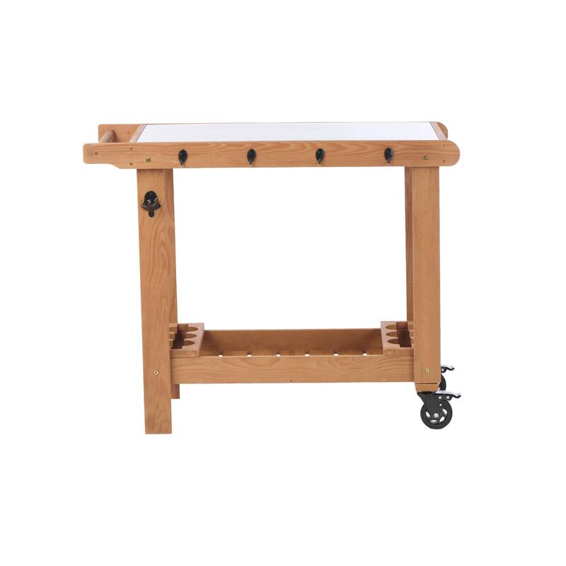 Outdoor Wooden Grill cart Table with Wheels, Metal Top and Storage, for Patio Backyard Garden BBQ