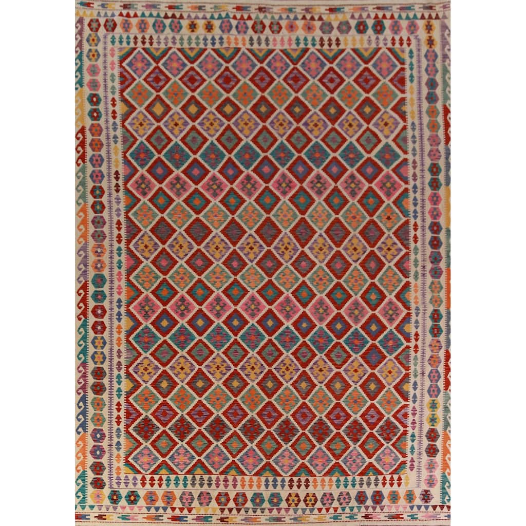 Reversible Trellis Kilim Oriental Area Rug Hand-Woven Wool Carpet - 10'3"x 13'5"