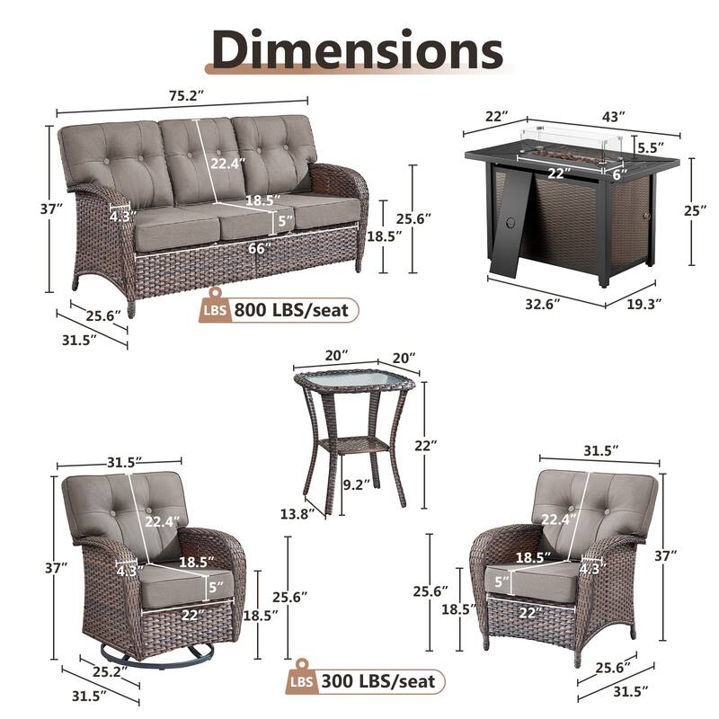 TWrap Wicker Patio Iron Fire Pit Conversation Set with 3-Seat Sofa & Swivel Gliders & Armchairs