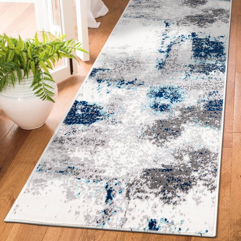World Rug Gallery Contemporary Abstract Area Rug - 2'x7' Runner - Blue - Runner/Rectangle