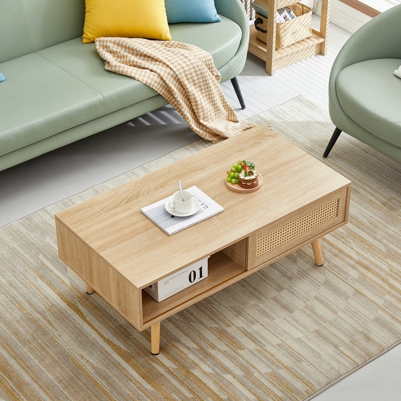 41.34" Rattan Coffee table, sliding door for storage, solid wood legs, Modern table for living room ,White