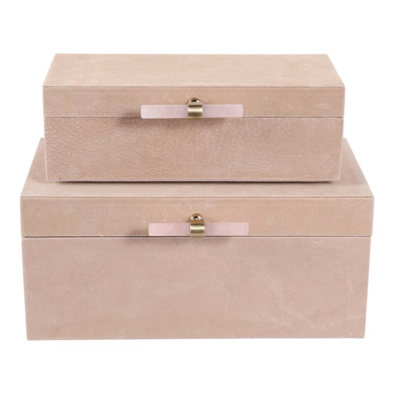 Wood Decorative Boxes with Stone Handle and Lid (Set of 2) - 4/7" Tan - 14" x 8" x 6"
