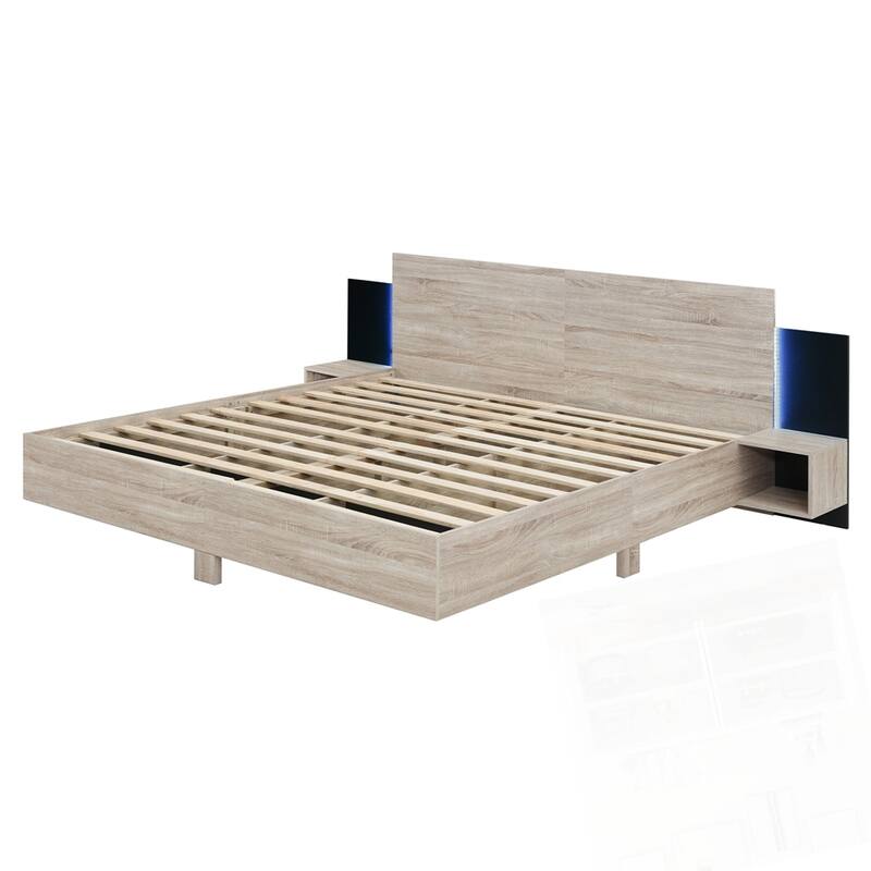 Wooden Floating Platform Bed, with LED Lights and Bedside Nightstand