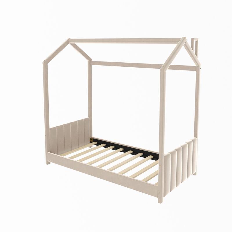 Modern Full Size Velvet House Bed with Roof, No Box Spring Needed